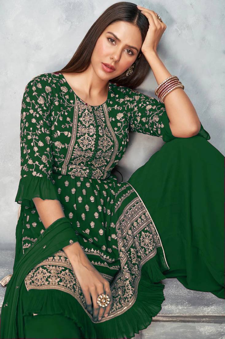 Women's Green Color Faux Georgette Embroidered Readymade Kurta Sharara and Dupatta Set (Full Stitched )