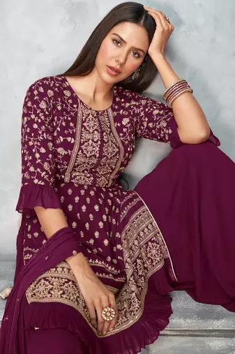 Women's Wine Color Faux Georgette Embroidered Readymade Kurta Sharara and Dupatta Set (Full Stitched )