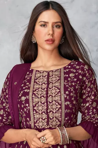 Women's Wine Color Faux Georgette Embroidered Readymade Kurta Sharara and Dupatta Set (Full Stitched )