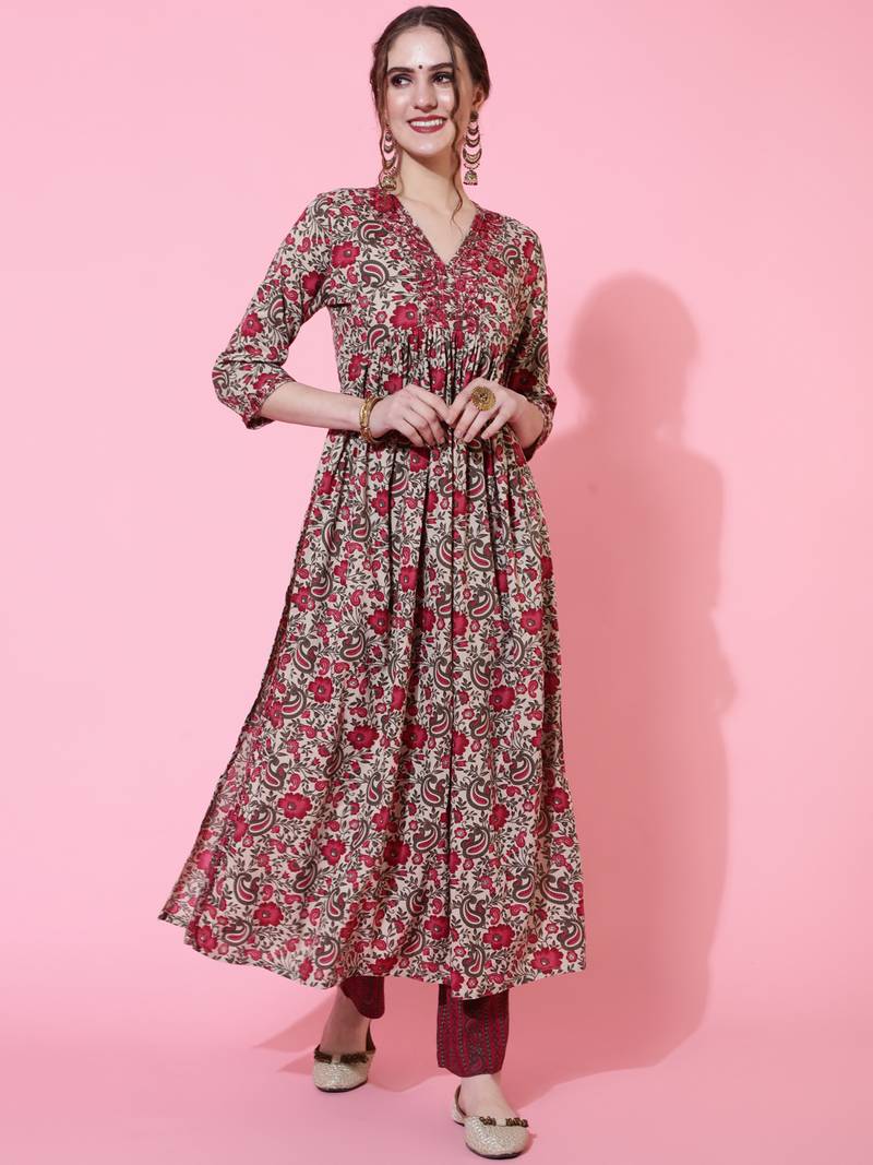 Gulmohar jaipur rayon calf length length printed semi-flared 3/4 sleeve round kurta bottom set