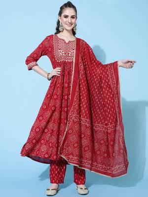 Gulmohar jaipur rayon calf length length printed semi-flared 3/4 sleeve round kurta bottom dupatta set 1