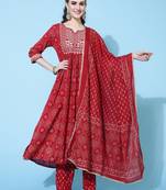 Gulmohar jaipur rayon calf length length printed semi-flared 3/4 sleeve round kurta bottom dupatta set