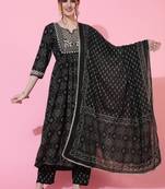 Gulmohar jaipur rayon calf length length printed semi-flared 3/4 sleeve round kurta bottom dupatta set