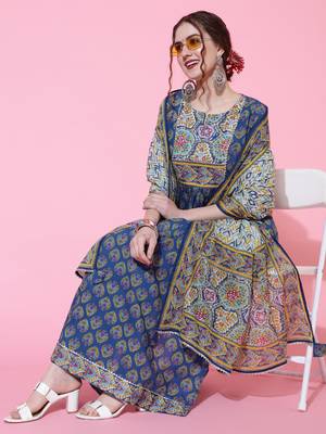 Gulmohar jaipur rayon calf length length printed semi-flared 3/4 sleeve round kurta bottom dupatta set 1