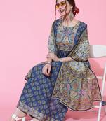 Gulmohar jaipur rayon calf length length printed semi-flared 3/4 sleeve round kurta bottom dupatta set