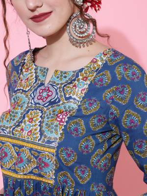 Gulmohar jaipur rayon calf length length printed semi-flared 3/4 sleeve round kurta bottom dupatta set 4