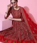 Gulmohar jaipur cotton calf length length printed flared 3/4 sleeve round kurta bottom dupatta set