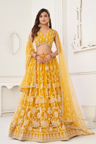 EILARA WOMEN'S MUSTARD BUTTERFLY NET WITH SEQUINS AND EMBROIDERY WORK LEHENGA CHOLI FOR WEDDING