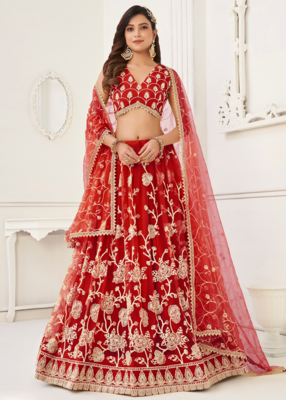 WOMEN'S RED BUTTERFLY NET WITH SEQUINS AND embroidered LEHENGA CHOLI FOR WEDDING 1