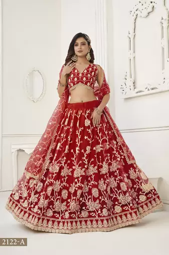 WOMEN'S RED BUTTERFLY NET WITH SEQUINS AND embroidered LEHENGA CHOLI FOR WEDDING