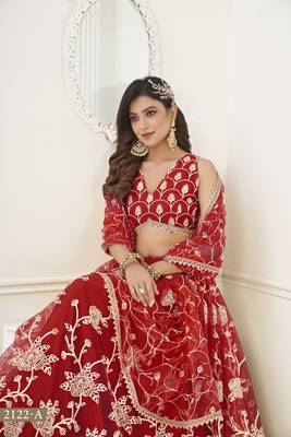 WOMEN'S RED BUTTERFLY NET WITH SEQUINS AND embroidered LEHENGA CHOLI FOR WEDDING 3