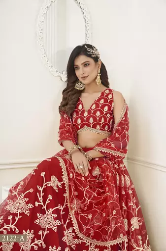 WOMEN'S RED BUTTERFLY NET WITH SEQUINS AND embroidered LEHENGA CHOLI FOR WEDDING