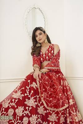 WOMEN'S RED BUTTERFLY NET WITH SEQUINS AND embroidered LEHENGA CHOLI FOR WEDDING 4
