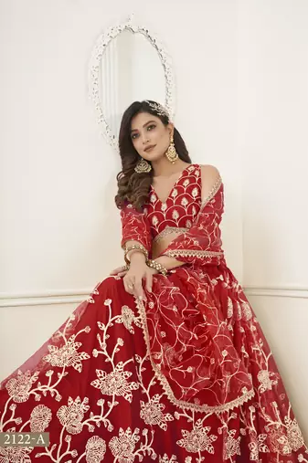 WOMEN'S RED BUTTERFLY NET WITH SEQUINS AND embroidered LEHENGA CHOLI FOR WEDDING