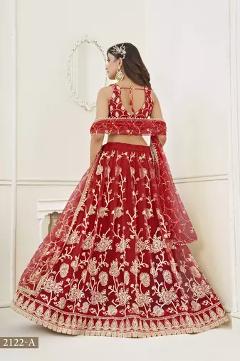 WOMEN'S RED BUTTERFLY NET WITH SEQUINS AND embroidered LEHENGA CHOLI FOR WEDDING