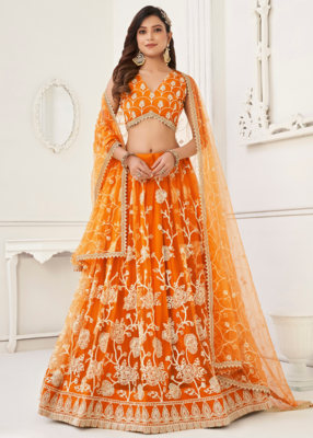 WOMEN'S ORANGE BUTTERFLY NET WITH SEQUINS AND embroidered LEHENGA CHOLI FOR WEDDING 1