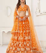 WOMEN'S ORANGE BUTTERFLY NET WITH SEQUINS AND embroidered LEHENGA CHOLI FOR WEDDING