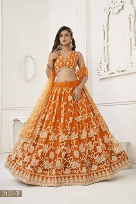 WOMEN'S ORANGE BUTTERFLY NET WITH SEQUINS AND embroidered LEHENGA CHOLI FOR WEDDING 2
