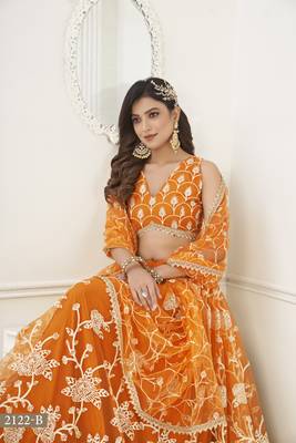WOMEN'S ORANGE BUTTERFLY NET WITH SEQUINS AND embroidered LEHENGA CHOLI FOR WEDDING 3