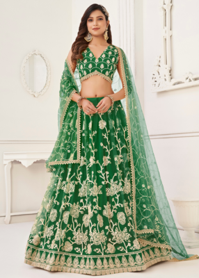 WOMEN'S GREEN BUTTERFLY NET WITH SEQUINS AND embroidered LEHENGA CHOLI FOR WEDDING 1