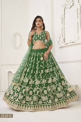 WOMEN'S GREEN BUTTERFLY NET WITH SEQUINS AND embroidered LEHENGA CHOLI FOR WEDDING 2