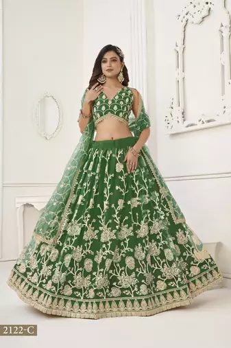 WOMEN'S GREEN BUTTERFLY NET WITH SEQUINS AND embroidered LEHENGA CHOLI FOR WEDDING