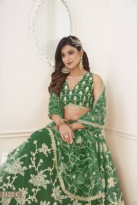 WOMEN'S GREEN BUTTERFLY NET WITH SEQUINS AND embroidered LEHENGA CHOLI FOR WEDDING 3