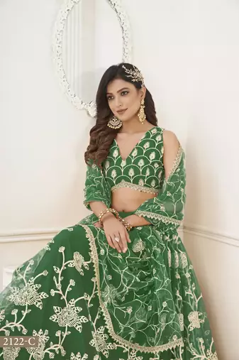 WOMEN'S GREEN BUTTERFLY NET WITH SEQUINS AND embroidered LEHENGA CHOLI FOR WEDDING