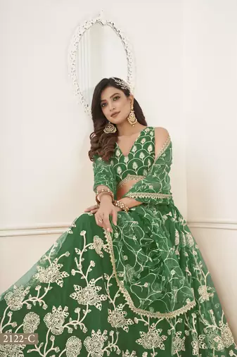WOMEN'S GREEN BUTTERFLY NET WITH SEQUINS AND embroidered LEHENGA CHOLI FOR WEDDING
