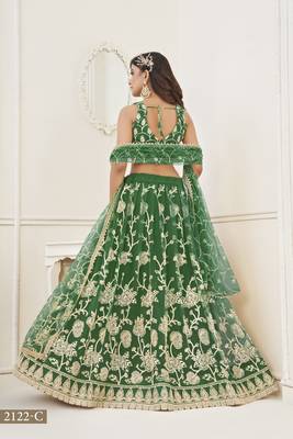 WOMEN'S GREEN BUTTERFLY NET WITH SEQUINS AND embroidered LEHENGA CHOLI FOR WEDDING 5