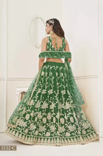 WOMEN'S GREEN BUTTERFLY NET WITH SEQUINS AND embroidered LEHENGA CHOLI FOR WEDDING