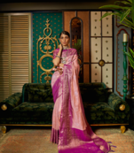 Magenta Silk Blend Woven Banarsi Saree With Blouse For Women 