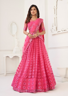 WOMEN'S PINK BUTTERFLY NET WITH SEQUINS AND embroidered LEHENGA CHOLI FOR PARTY WEAR 1