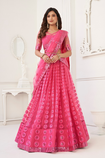 EILARA WOMEN'S PINK BUTTERFLY NET WITH SEQUINS AND EMBROIDERY WORK LEHENGA CHOLI FOR PARTY WEAR
