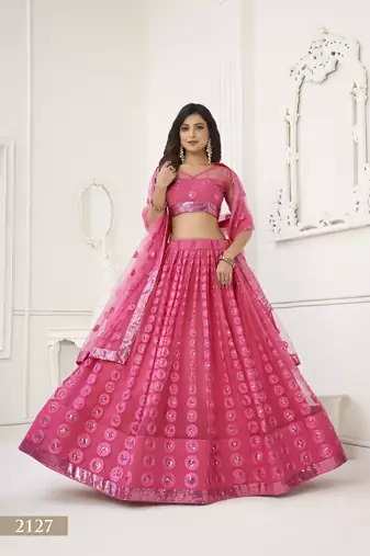 WOMEN'S PINK BUTTERFLY NET WITH SEQUINS AND embroidered LEHENGA CHOLI FOR PARTY WEAR