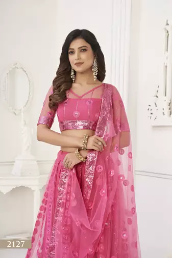 WOMEN'S PINK BUTTERFLY NET WITH SEQUINS AND embroidered LEHENGA CHOLI FOR PARTY WEAR