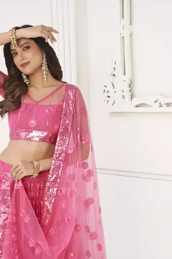 WOMEN'S PINK BUTTERFLY NET WITH SEQUINS AND embroidered LEHENGA CHOLI FOR PARTY WEAR