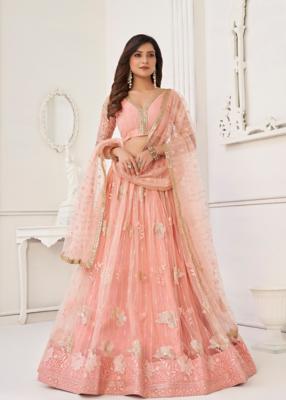 WOMEN'S PEACH BUTTERFLY NET WITH SEQUINS AND EMBROIDERY WORK LEHENGA CHOLI FOR PARTY WEAR 1