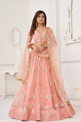 EILARA WOMEN'S PEACH BUTTERFLY NET WITH SEQUINS AND EMBROIDERY WORK LEHENGA CHOLI FOR PARTY WEAR
