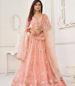 WOMEN'S PEACH BUTTERFLY NET WITH SEQUINS AND EMBROIDERY WORK LEHENGA CHOLI FOR PARTY WEAR