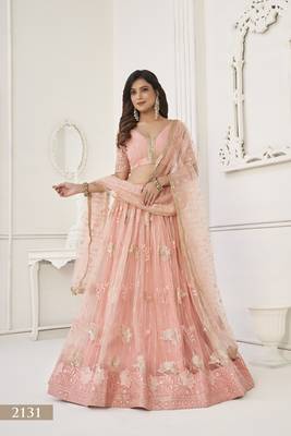 WOMEN'S PEACH BUTTERFLY NET WITH SEQUINS AND EMBROIDERY WORK LEHENGA CHOLI FOR PARTY WEAR 2
