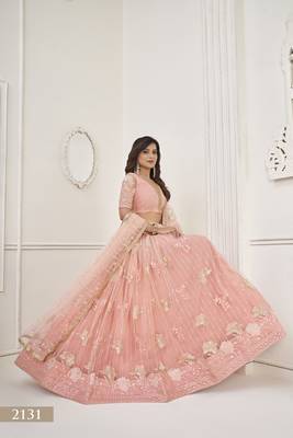 WOMEN'S PEACH BUTTERFLY NET WITH SEQUINS AND EMBROIDERY WORK LEHENGA CHOLI FOR PARTY WEAR 3
