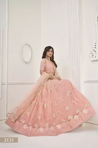 WOMEN'S PEACH BUTTERFLY NET WITH SEQUINS AND EMBROIDERY WORK LEHENGA CHOLI FOR PARTY WEAR
