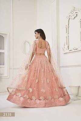 WOMEN'S PEACH BUTTERFLY NET WITH SEQUINS AND EMBROIDERY WORK LEHENGA CHOLI FOR PARTY WEAR 5