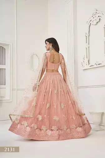 WOMEN'S PEACH BUTTERFLY NET WITH SEQUINS AND EMBROIDERY WORK LEHENGA CHOLI FOR PARTY WEAR