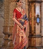 Navy blue patola silk woven with swarovski work saree with blouse