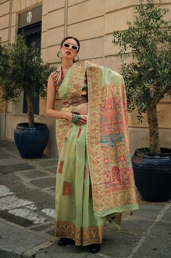 Pista Green Kashmiri Handloom Silk Woven Work Saree With Blouse