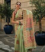 Pista Green Kashmiri Handloom Silk Woven Work Saree With Blouse