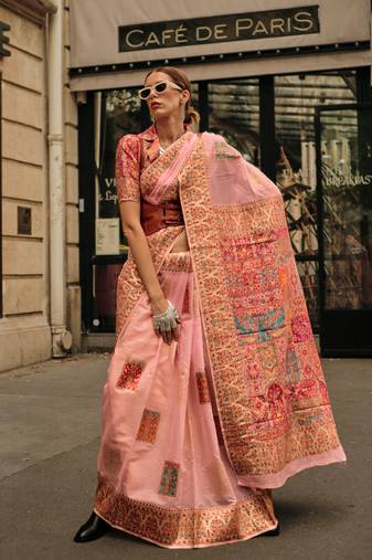 Peach Pink Kashmiri Handloom Silk Woven Work Saree With Blouse