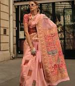 Peach Pink Kashmiri Handloom Silk Woven Work Saree With Blouse